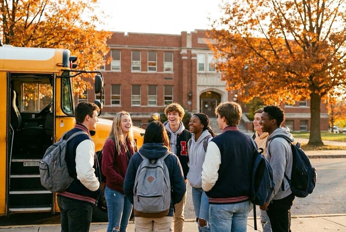 Ilustracja: uczniowie przy szkolnym autobusie przed amerykańską high school jesienią